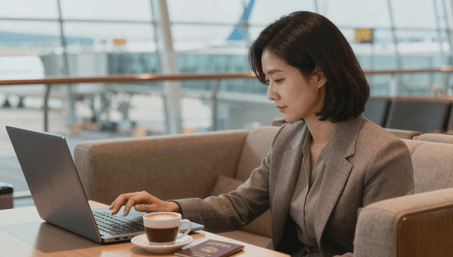 Woman working on laptop in airport lounge