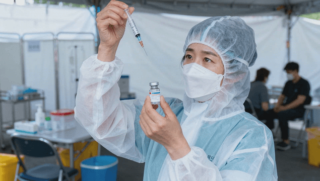 예방접종을 준비하는 임시진료소 의료진
