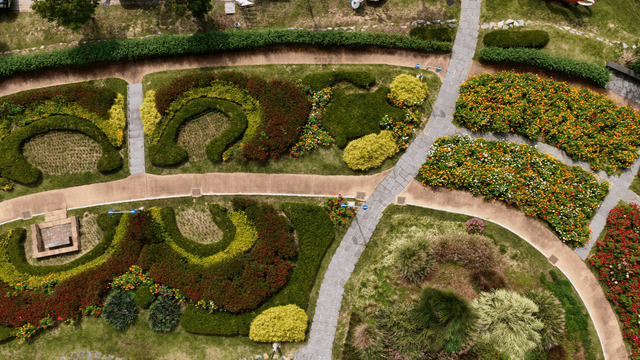 Park view with a butterfly-shaped colorful flower bed