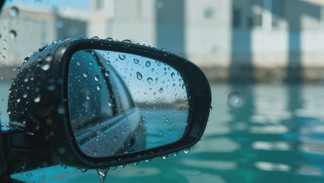 Car side mirror submerged in rising floodwater
