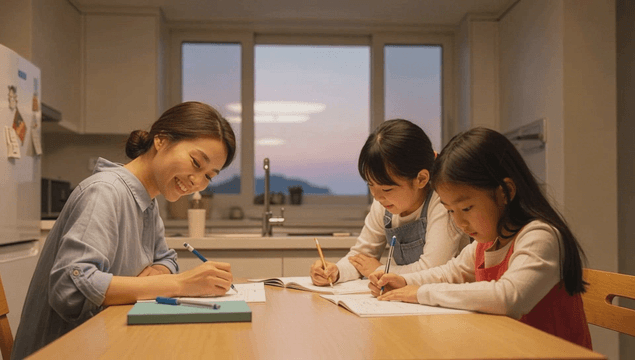 Mother helping her daughters with homework
