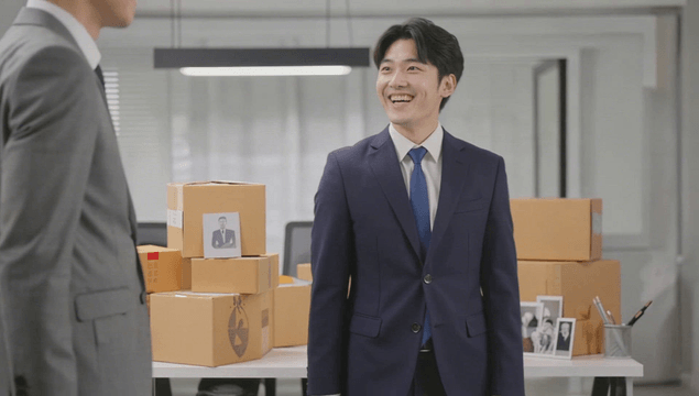 Office workers shaking hands in an office filled with moving boxes