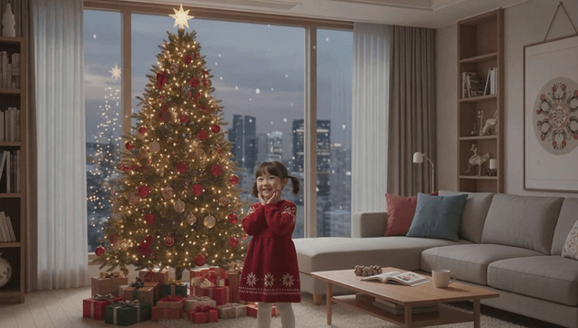 장식된 크리스마스 트리에 즐거워하는 여자아이