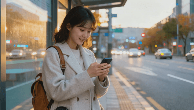 Woman using smartphone at bus stop