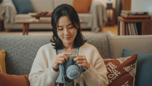 Woman knitting on a cozy living room sofa
