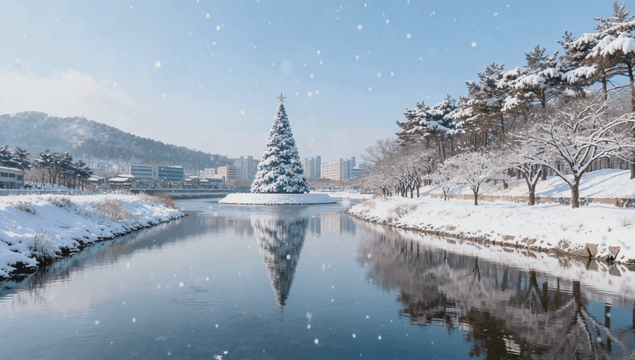 크리스마스 트리가 있는 눈 덮인 호수 풍경