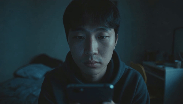 Man using a smartphone in a dim room