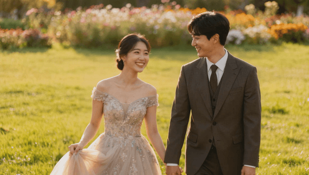 Wedding couple walking hand in hand in a blooming park