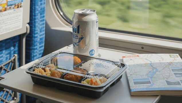 Bento and canned drink on a folding train table in Japan