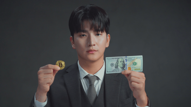 Man smiling at the US dollar bills in his hand