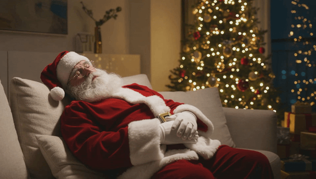 Santa resting on a couch by a Christmas tree