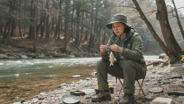 Woman holding a freshly caught fish in a forest valley