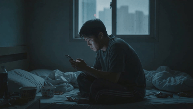 Man sitting on a bed using a phone
