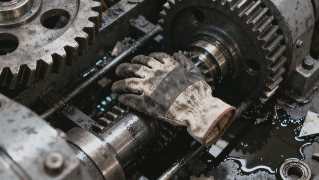 기름이 묻은 산업 기계 기어 위의 장갑