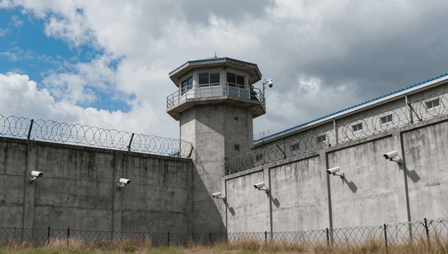 Prison watchtower and surveillance cameras under a cloudy sky