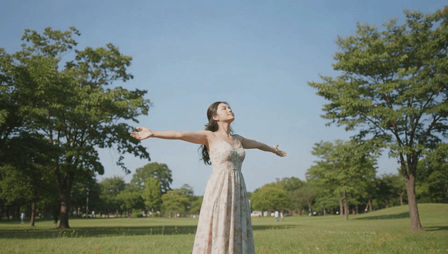 Young woman enjoying sunlight on park lawn