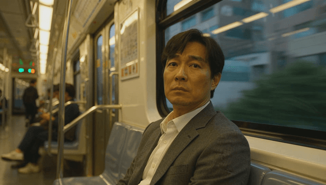 Man in suit seated on subway train