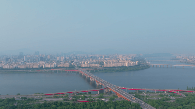 Seoul cityscape with bridge over the river
