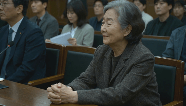 Elder woman listening attentively in courtroom