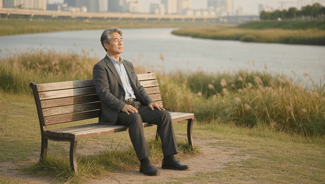 Elderly man resting on riverside park bench