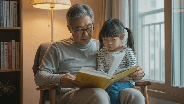 Grandfather reading a fairy tale book with his granddaughter