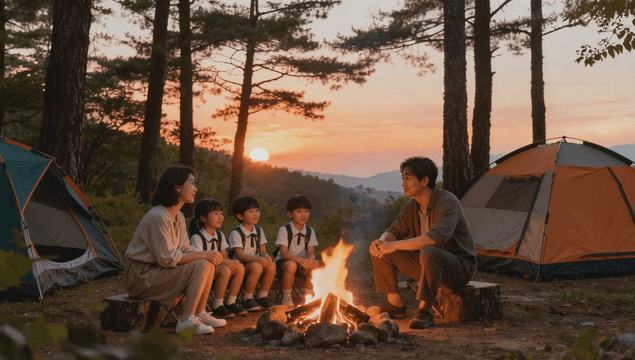 일몰에 캠프파이어를 둘러싼 가족