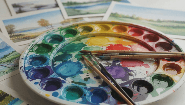 Colorful paint palette with brushes