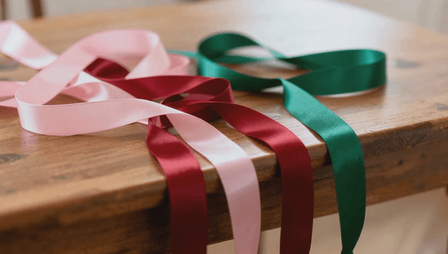 나무 테이블 위의 다채로운 리본