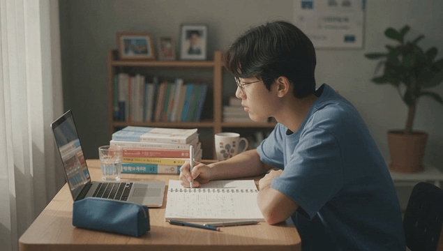 Student studying at desk with laptop