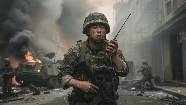 Soldiers communicating via radio in a war-torn battlefield