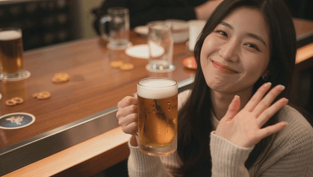 Young woman enjoying draft beer in a cozy pub
