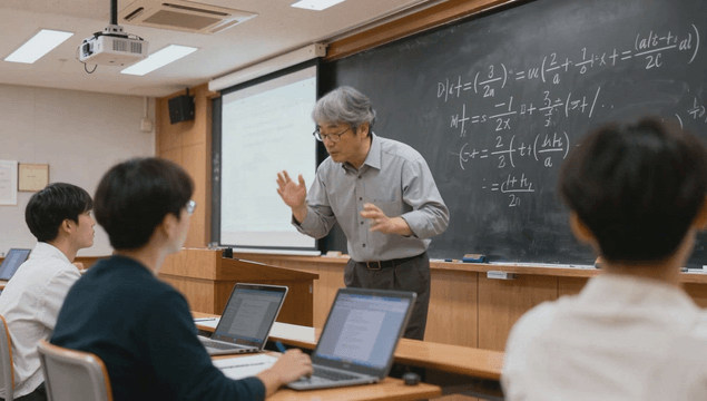 Professor teaching mathematics in a university lecture room