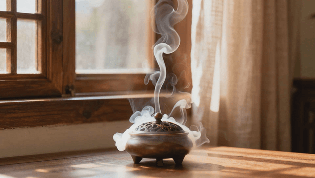 Incense burner emitting smoke by sunlit window