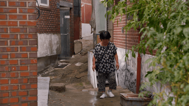 An elderly woman walking down an alley