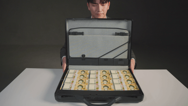 A man presenting a briefcase full of money