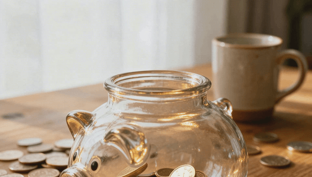 Coin dropping into a glass piggy bank on a wooden desk