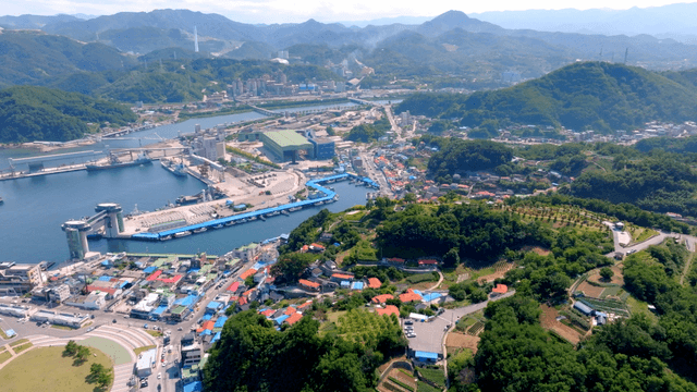 Coastal village with harbor and greenery