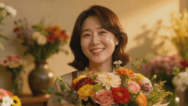 Woman smiling with a bouquet of flowers