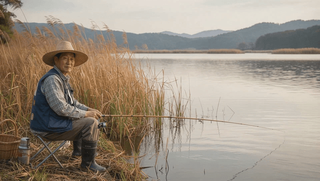 Senior man fishing by autumn riverside