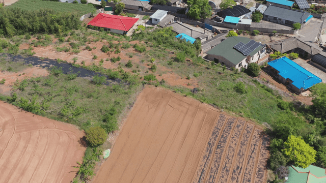 Rural farmland beside village houses