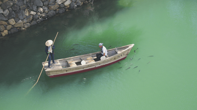 Two people on a boat in a green lake