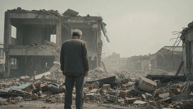 Elderly man stands amidst ruins