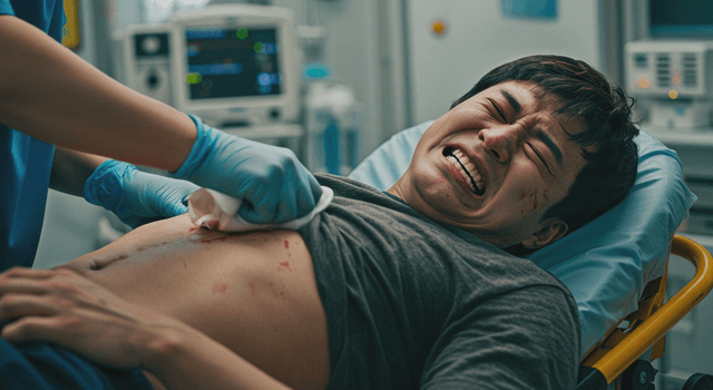 Patient in pain on an hospital bed