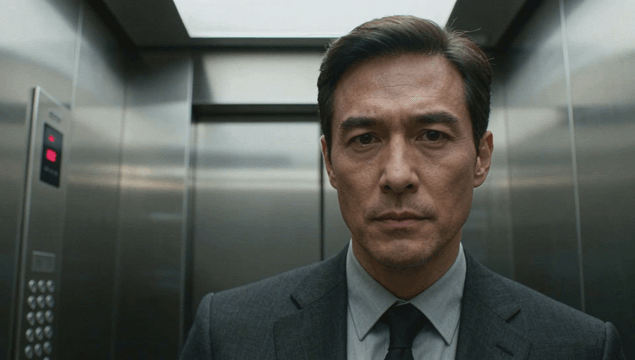 Middle-aged office worker in suit inside elevator