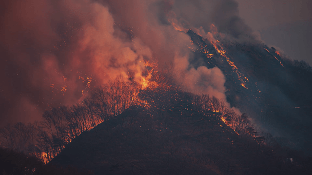 A forest fire raging on a mountain
