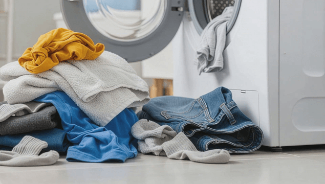 Laundry piled in front of drum washer