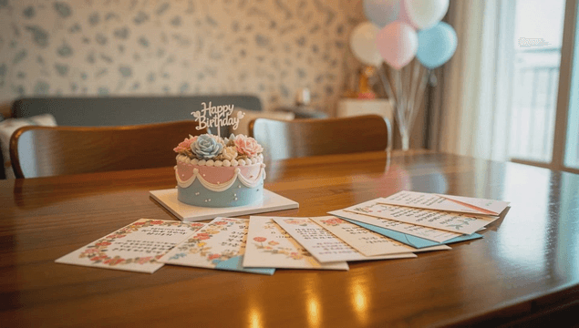 Birthday cake and cards on a table