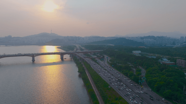 Busy Seoul highway at sunset