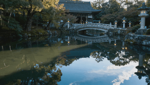 Quiet temple with stone bridge and pond