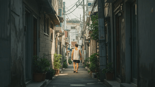 Back view of a person walking down a narrow alley